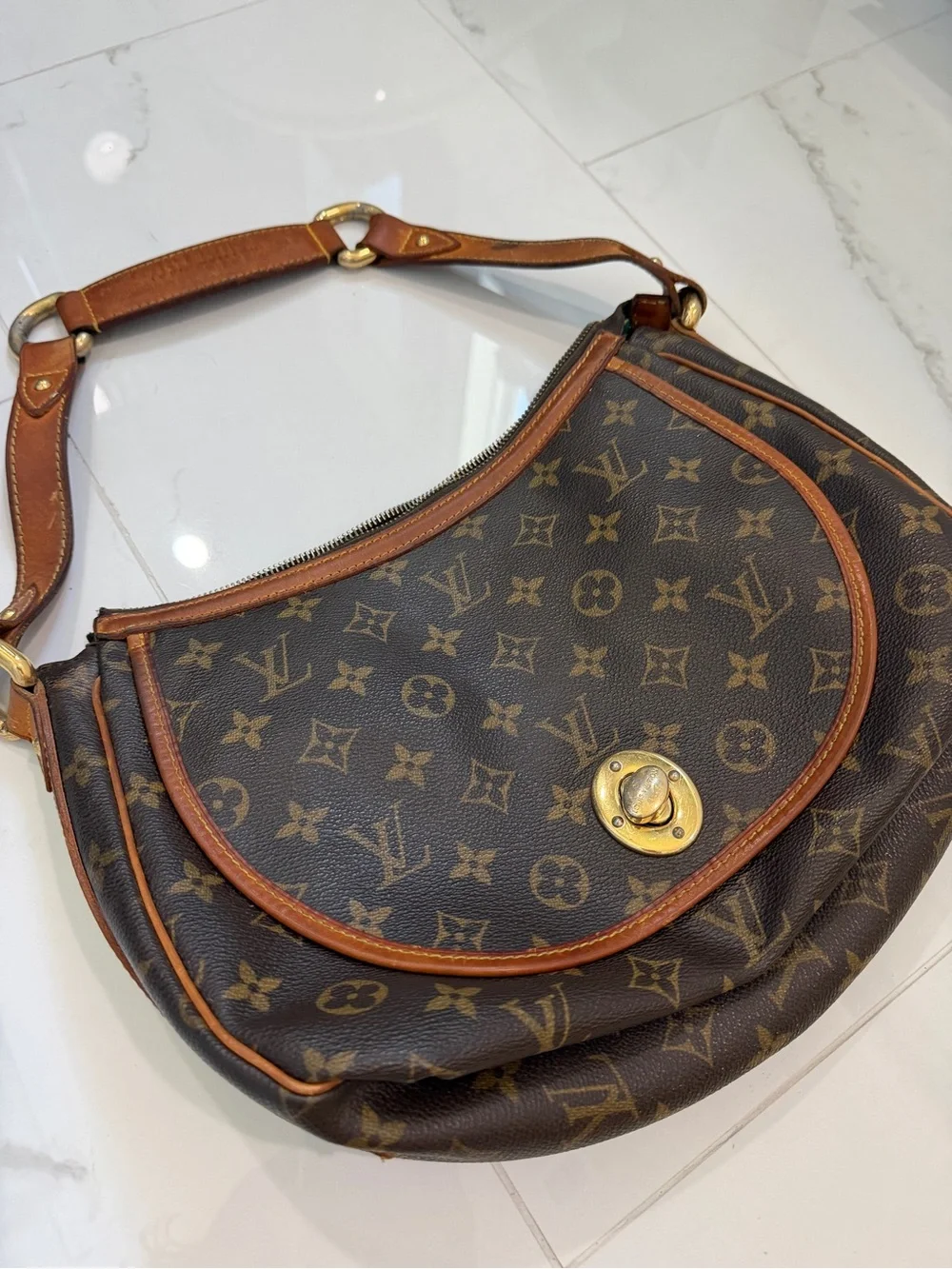Louis Vuitton Monogram Canvas Hobo Bag with Brown Leather Trim